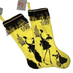 Macy's Pair of Yellow Christmas Stockings Blk Lace Silhouettes Cages Chandeliers
